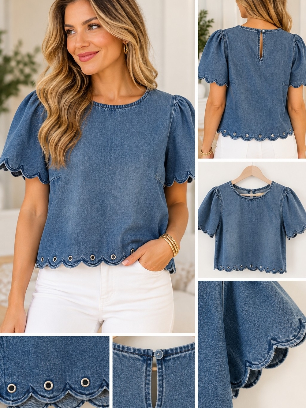 Michael Kors Denim Scallop Eyelet Flutter Sleeve Top
